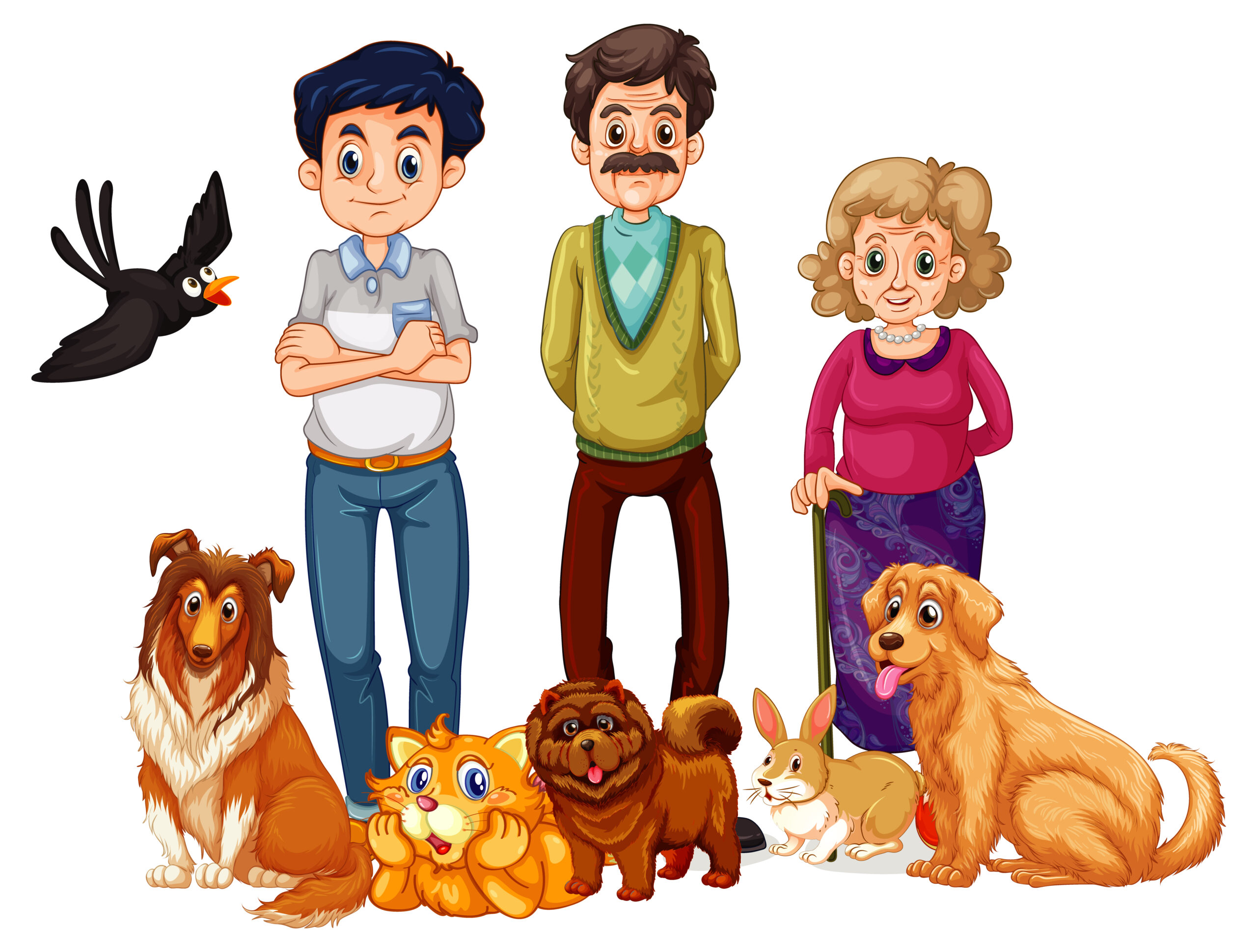 Happy family with their pets on white background illustration